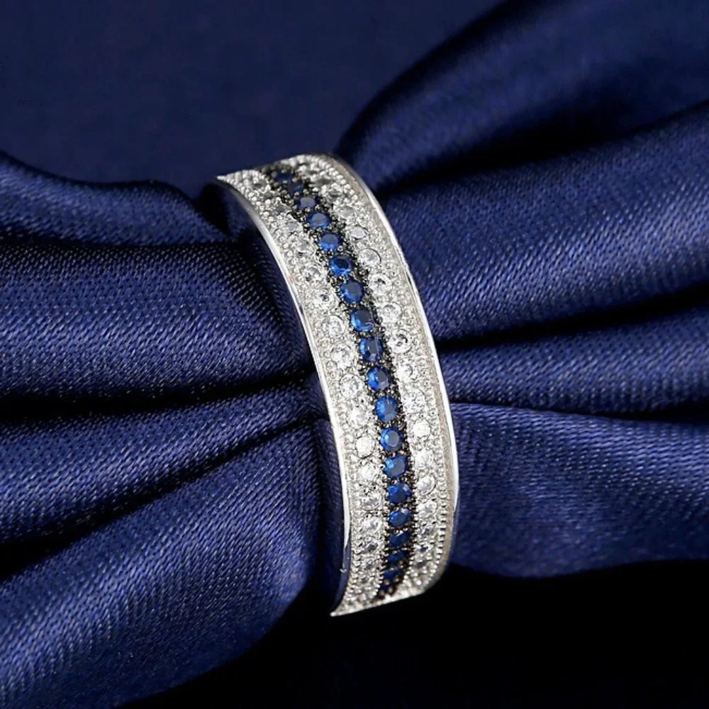 💥925 Silver Plated 3A CZ Blue & White Color Micro Paved Ring, GPMB1489